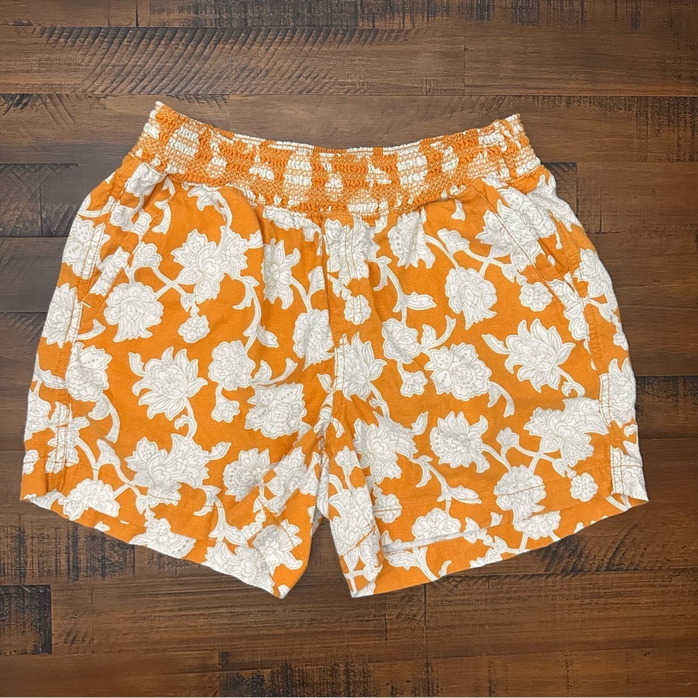 Briggs Women's Linen Elastic Waist Yellow White Floral Shorts 4.5" Inseam Medium